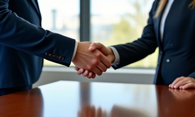 Professional handshake across a conference table in an office in London