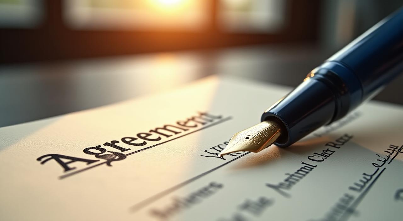 Close up of a classic fountain pen resting on a legal document in a sun-drenched London office